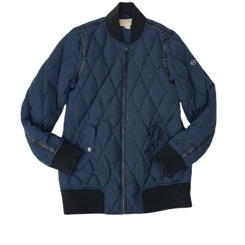 Michael Kors Navy Blue Faux Leather Trim Down Filled Full Zip Puffer Jacket S